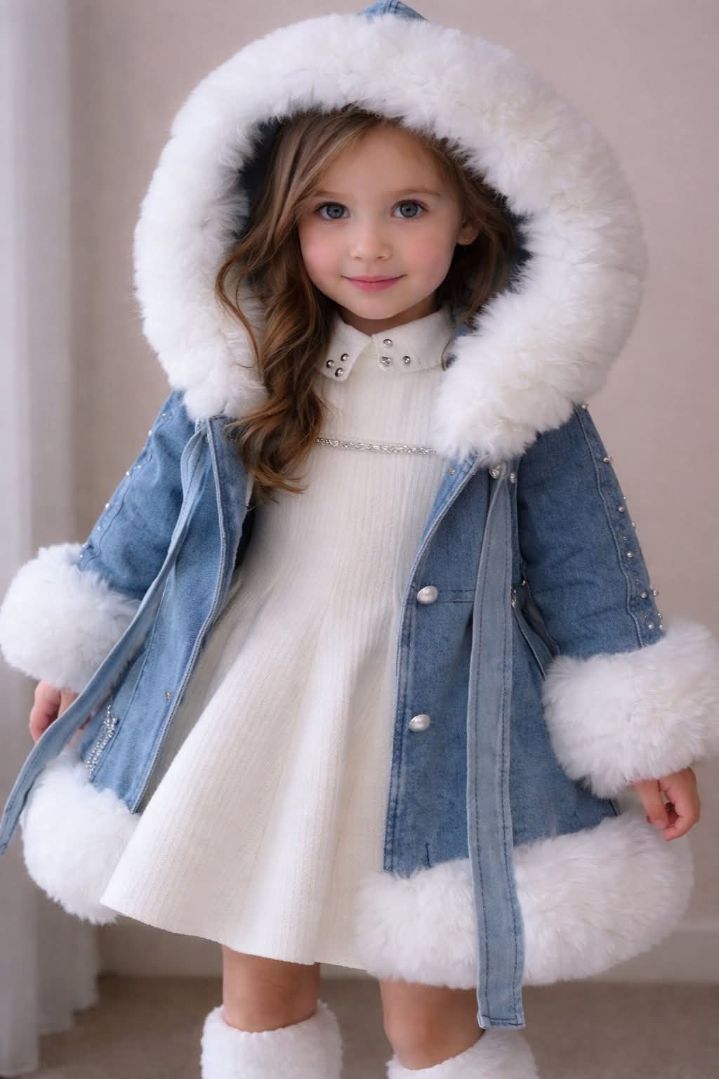 معطف شتوي فاخر للبنات بغطاء رأس وفرو أبيض – تصميم أنيق ودافئ