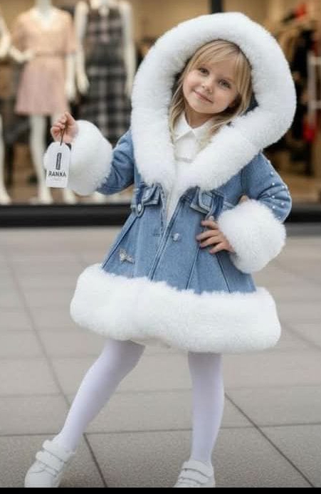 معطف شتوي فاخر للبنات بغطاء رأس وفرو أبيض – تصميم أنيق ودافئ