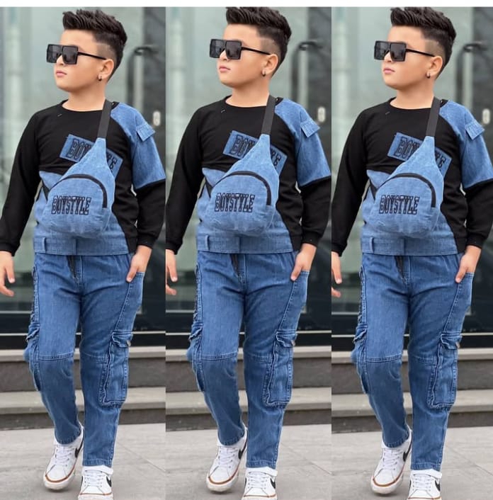 طقم أولادي جينز رياضي 3 قطع بألوان متعددة