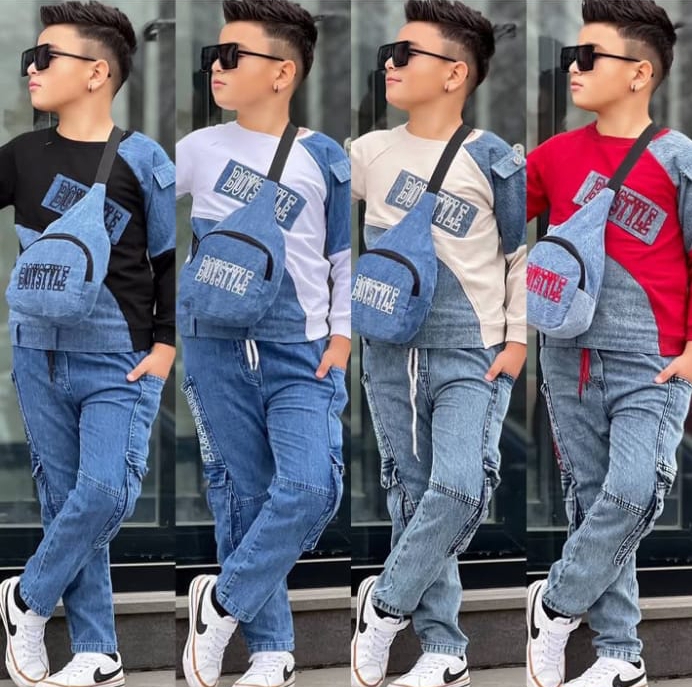 طقم أولادي جينز رياضي 3 قطع بألوان متعددة