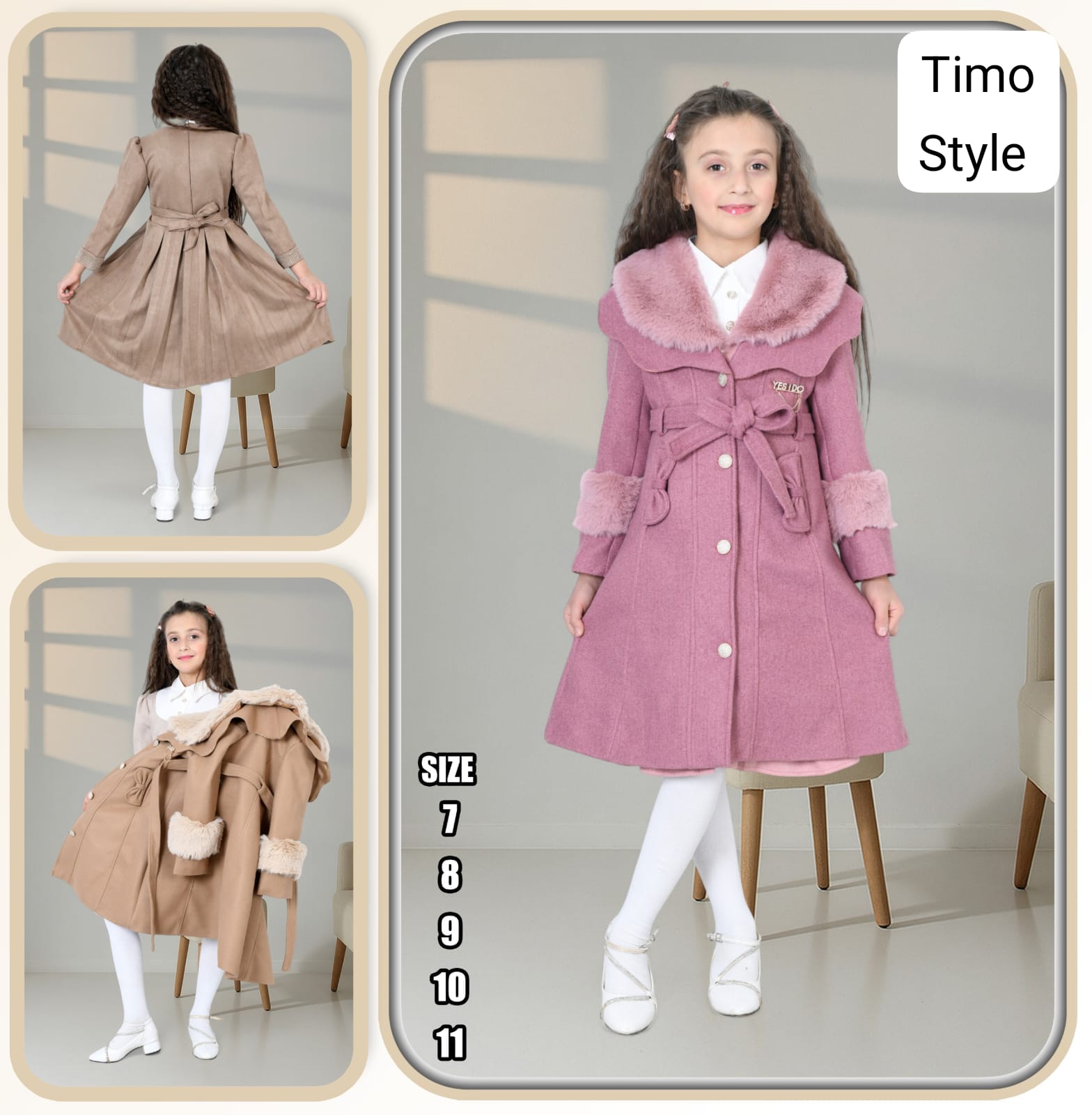 طقم شتوي بناتي أنيق مع معطف فرو