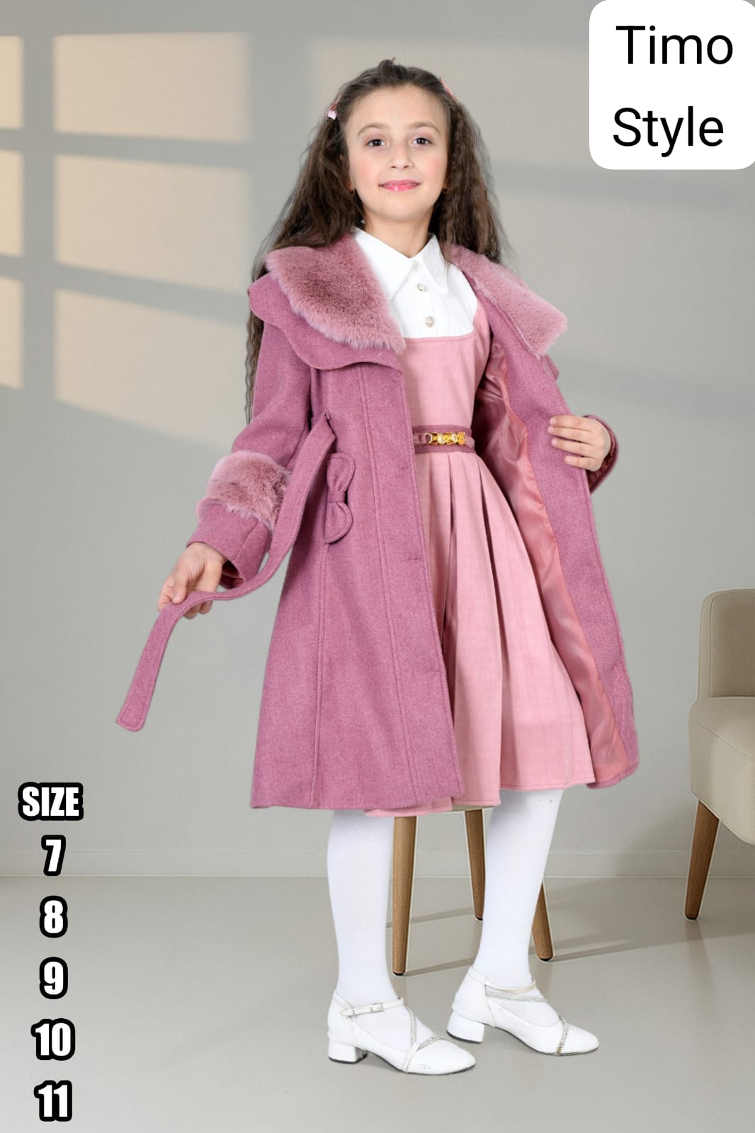 طقم شتوي بناتي أنيق مع معطف فرو