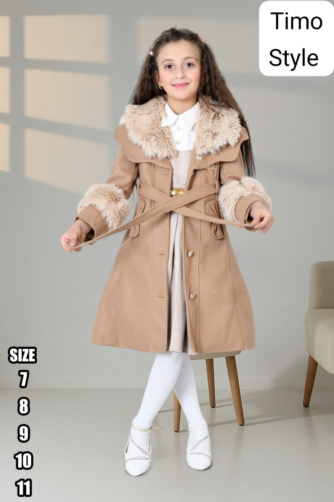طقم شتوي بناتي أنيق مع معطف فرو