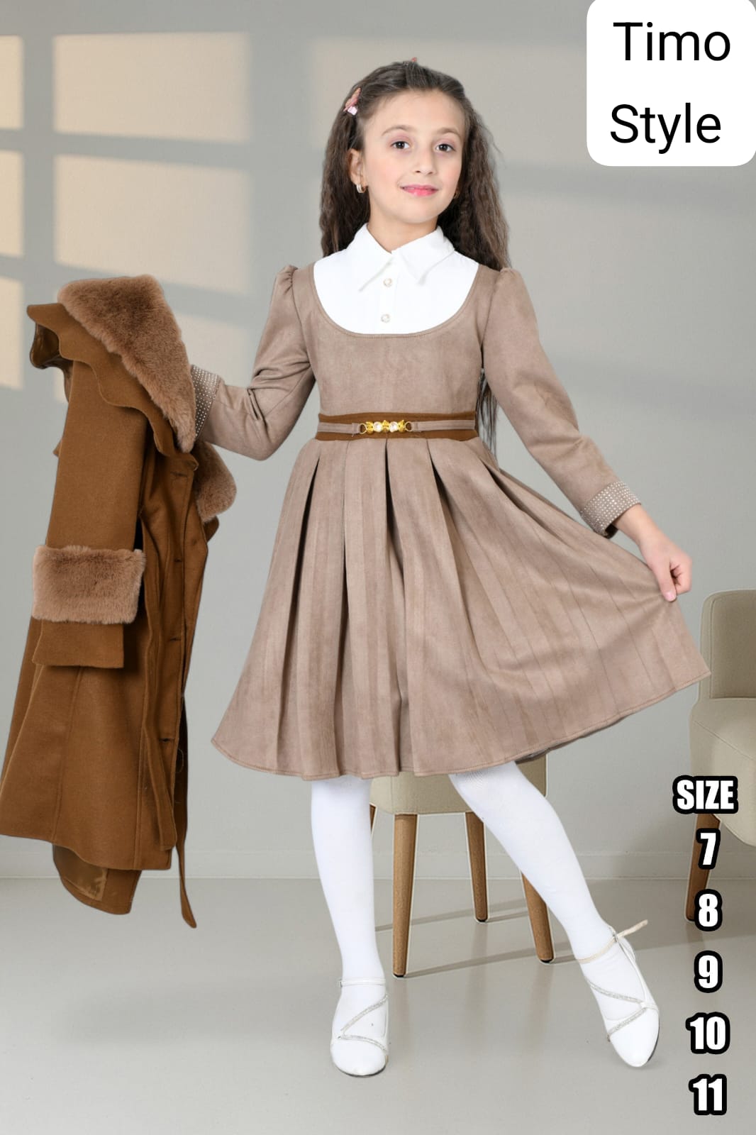 طقم شتوي بناتي أنيق مع معطف فرو